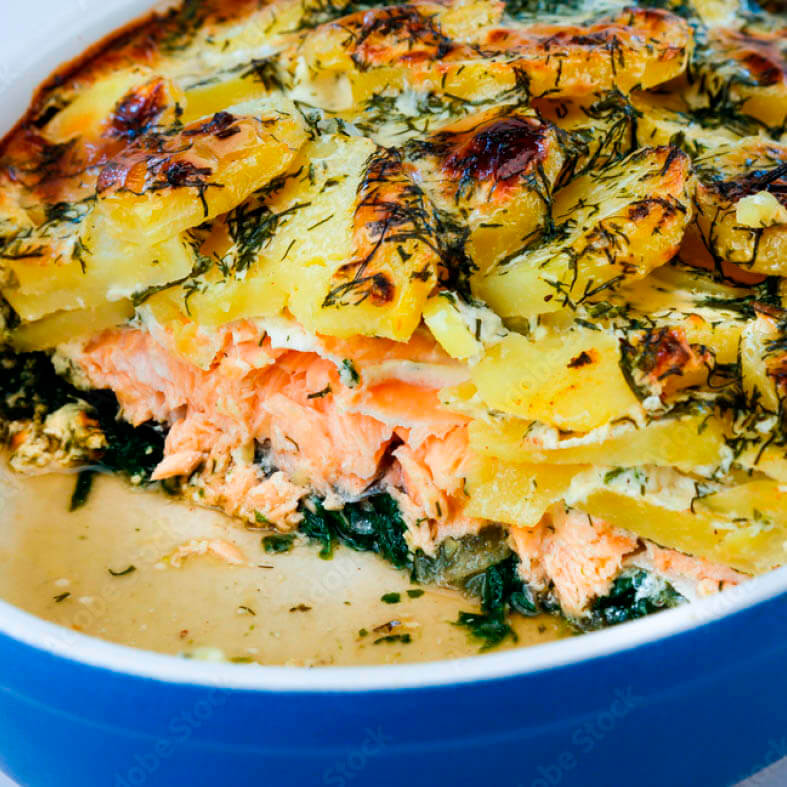 Einfache und gesunde Küche für Senioren: Lachs Kartoffel Spinat Gratin